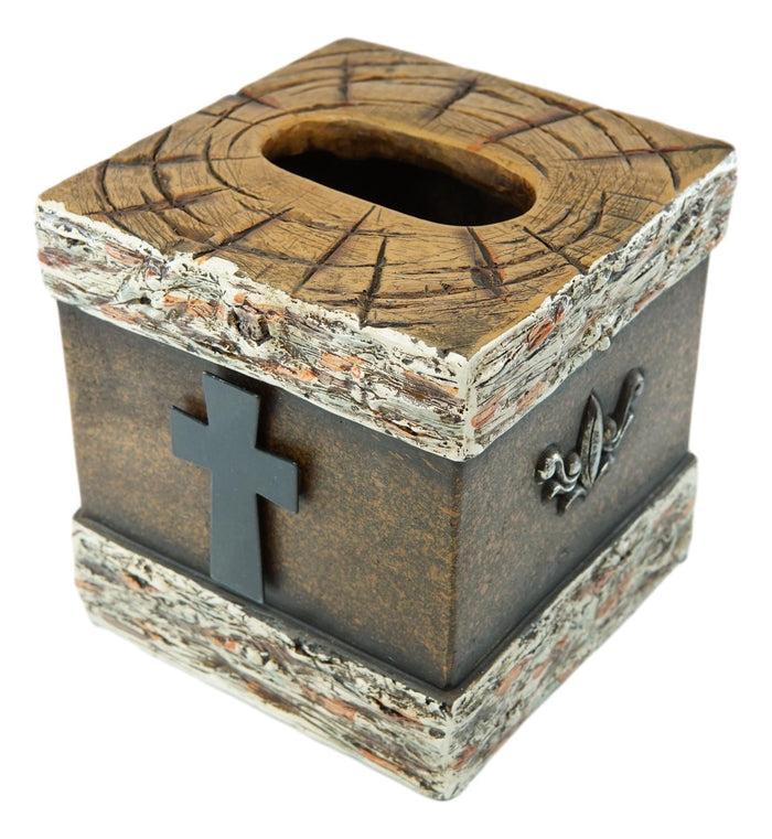 Ebros Gift Rustic Western Fleur De Lis Cross With Birchwood Accent Tissue Box Holder Case