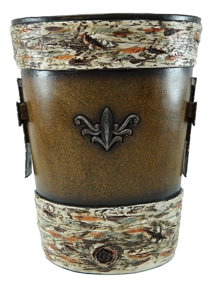 Ebros Gift Rustic Western Fleur De Lis Cross With Birchwood Accent Waste Basket Trash Bin
