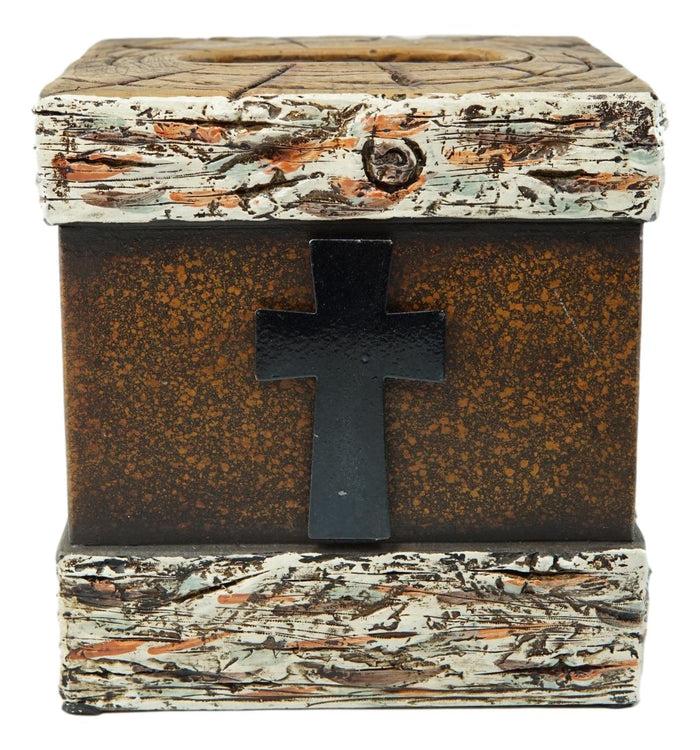 Ebros Gift Rustic Western Fleur De Lis Cross With Birchwood Accent Tissue Box Holder Case
