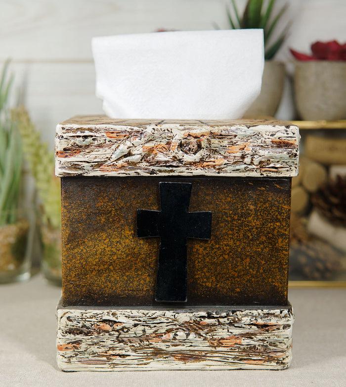 ebros gift Rustic Western Fleur De Lis Cross With Birchwood Accent Tissue Box Holder Case