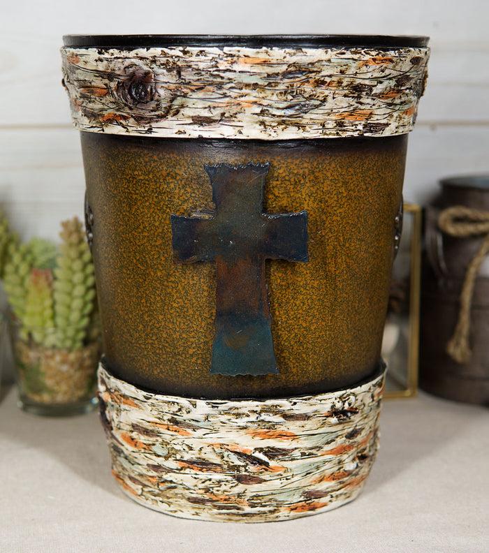 ebros gift Rustic Western Fleur De Lis Cross With Birchwood Accent Waste Basket Trash Bin