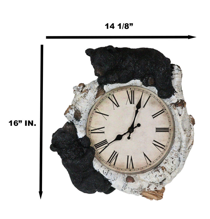 Ebros Gift Rustic Western Forest Black Bear Cubs Climbing Birchwood Branch Resin Wall Clock