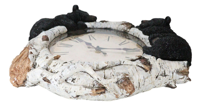Ebros Gift Rustic Western Forest Black Bear Cubs Climbing Birchwood Branch Resin Wall Clock