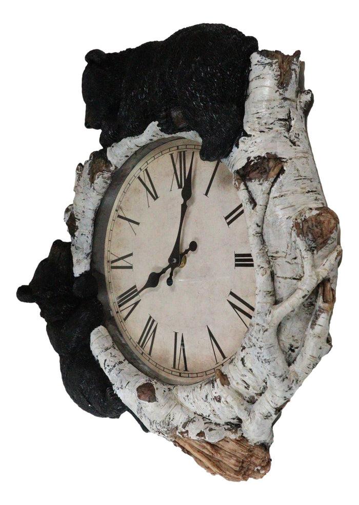 Ebros Gift Rustic Western Forest Black Bear Cubs Climbing Birchwood Branch Resin Wall Clock