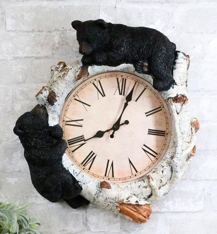 ebros gift Rustic Western Forest Black Bear Cubs Climbing Birchwood Branch Resin Wall Clock