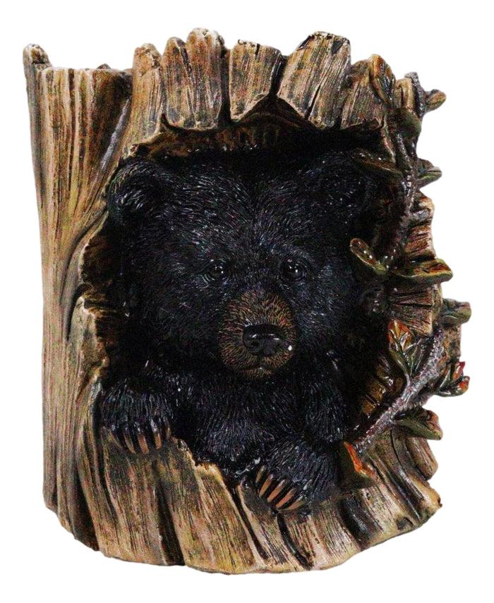 ebros gift Rustic Western Forest Black Bear Hiding in Tree Trunk Decorative Figurine