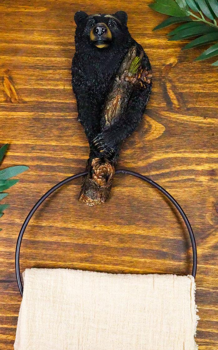 ebros gift Rustic Western Forest Black Bear Holding Pinecone Branch Hand Towel Holder Ring