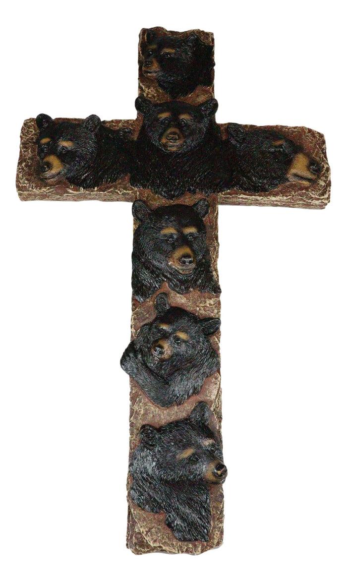 Ebros Gift Rustic Western Forest Black Bears Faux Wooden Tree Wall Cross Decor 14" H