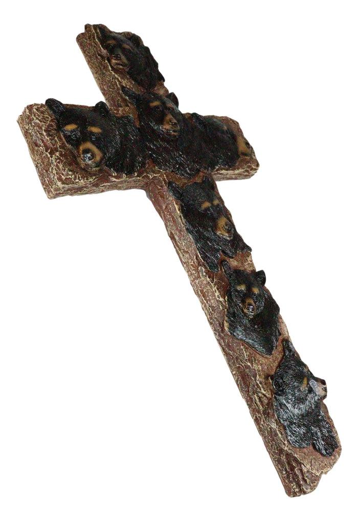 Ebros Gift Rustic Western Forest Black Bears Faux Wooden Tree Wall Cross Decor 14" H