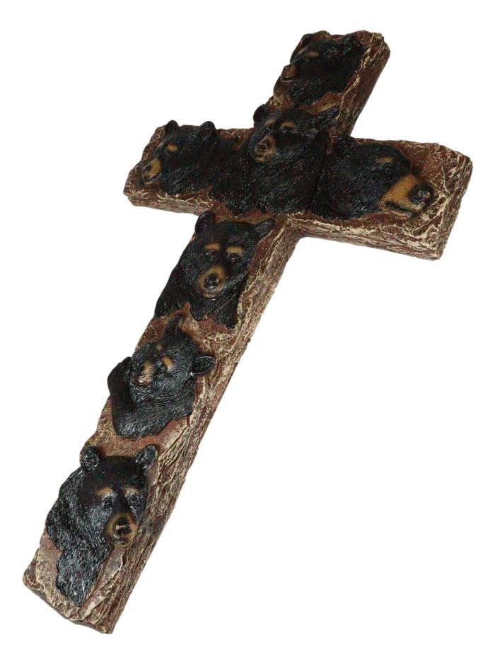 Ebros Gift Rustic Western Forest Black Bears Faux Wooden Tree Wall Cross Decor 14" H