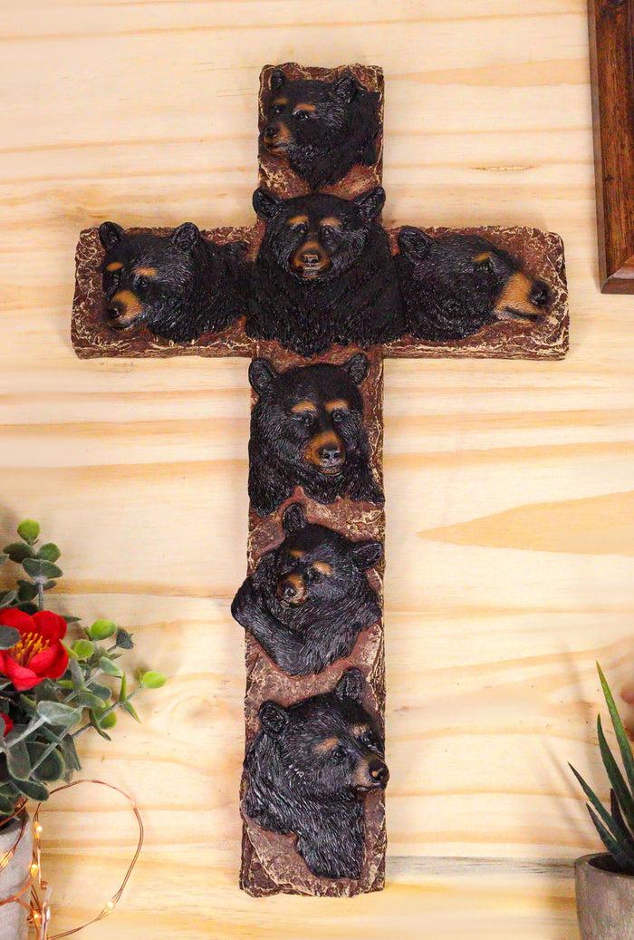 ebros gift Rustic Western Forest Black Bears Faux Wooden Tree Wall Cross Decor 14" H