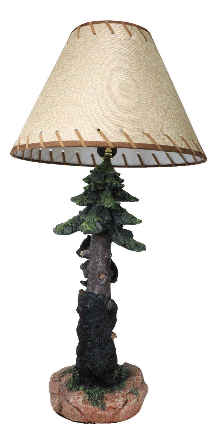 Ebros Gift Rustic Western Forest Black Mama Bear With Cubs Climbing On Pine Tree Table Lamp