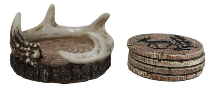 Ebros Gift Rustic Western Forest Deer Antlers With Tree Rings Coasters And Holder Set