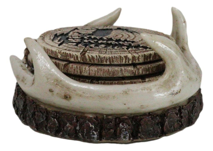 Ebros Gift Rustic Western Forest Deer Antlers With Tree Rings Coasters And Holder Set