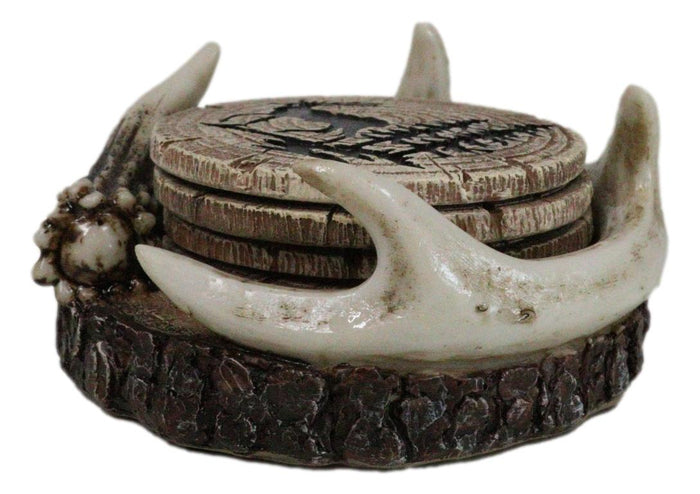 Ebros Gift Rustic Western Forest Deer Antlers With Tree Rings Coasters And Holder Set