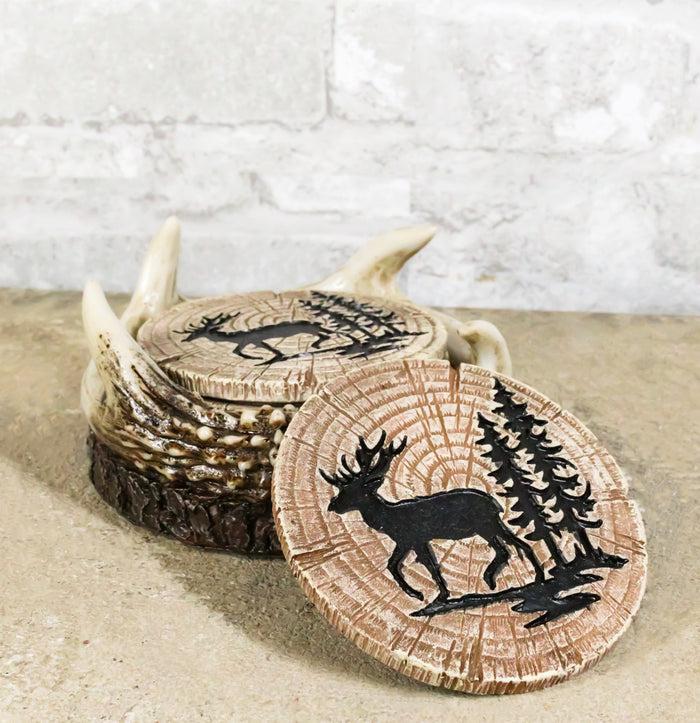 ebros gift Rustic Western Forest Deer Antlers With Tree Rings Coasters And Holder Set
