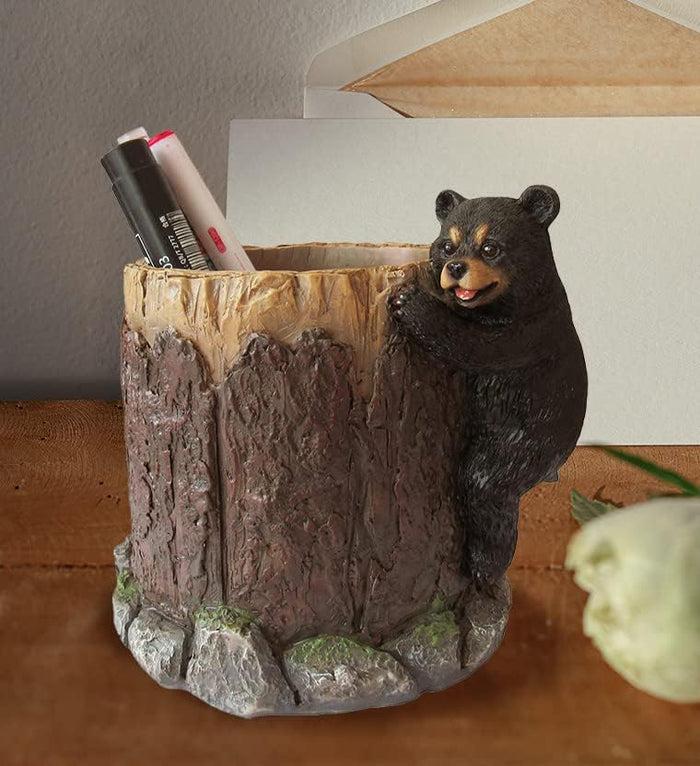 ebros gift Rustic Western Forest Naughty Black Bear Cub Climbing Tree Stationery Pen Holder