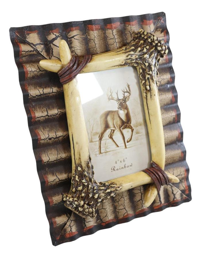 Ebros Gift Rustic Western Galvanized Metal Buckhorn Stag Deer Antlers 4"X6" Photo Frame