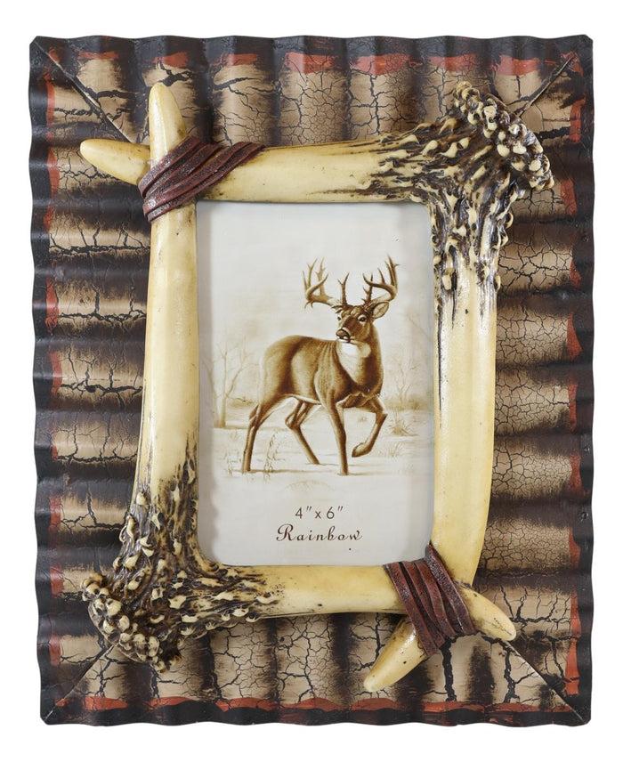 Ebros Gift Rustic Western Galvanized Metal Buckhorn Stag Deer Antlers 4"X6" Photo Frame