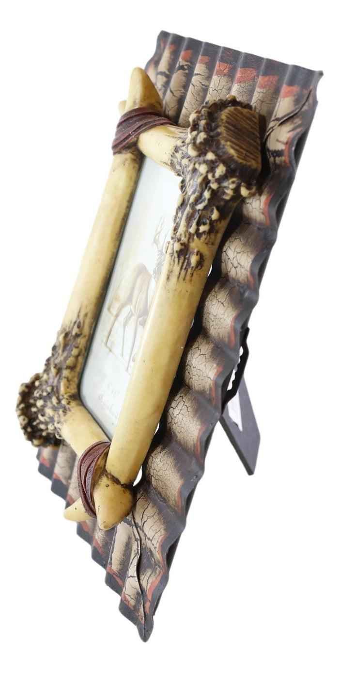 Ebros Gift Rustic Western Galvanized Metal Buckhorn Stag Deer Antlers 4"X6" Photo Frame