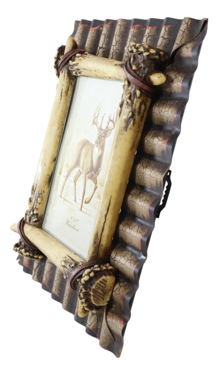 Ebros Gift Rustic Western Galvanized Metal Buckhorn Stag Deer Antlers 5"X7" Photo Frame