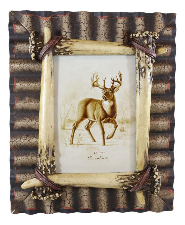 Ebros Gift Rustic Western Galvanized Metal Buckhorn Stag Deer Antlers 5"X7" Photo Frame