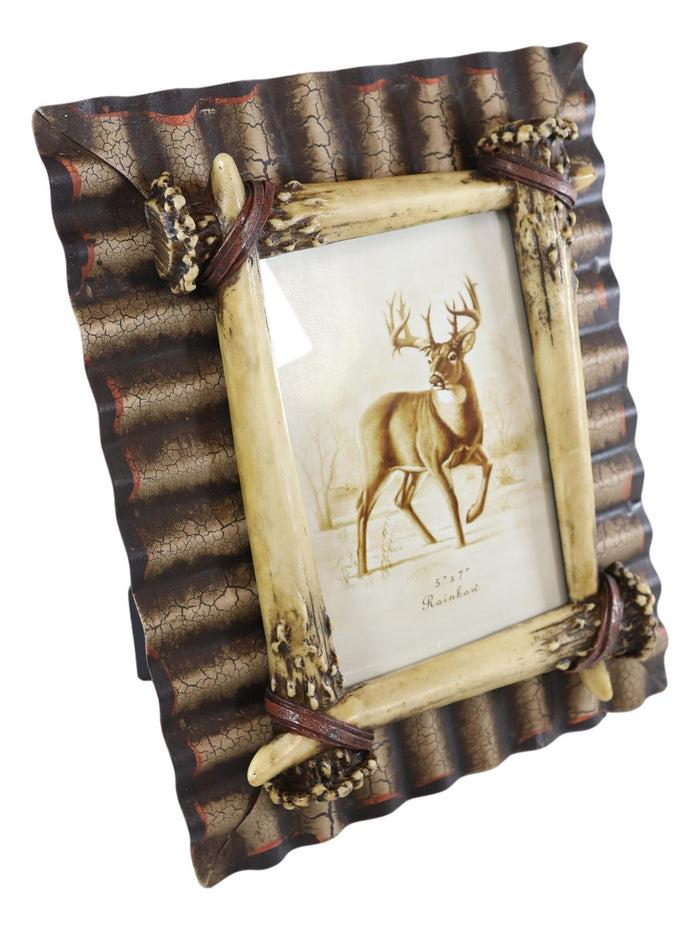 Ebros Gift Rustic Western Galvanized Metal Buckhorn Stag Deer Antlers 5"X7" Photo Frame