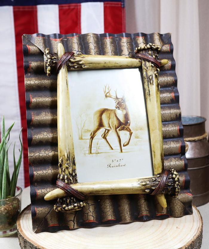ebros gift Rustic Western Galvanized Metal Buckhorn Stag Deer Antlers 5"X7" Photo Frame