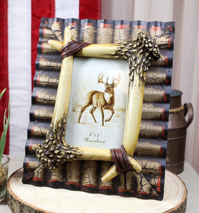 ebros gift Rustic Western Galvanized Metal Buckhorn Stag Deer Antlers 4"X6" Photo Frame