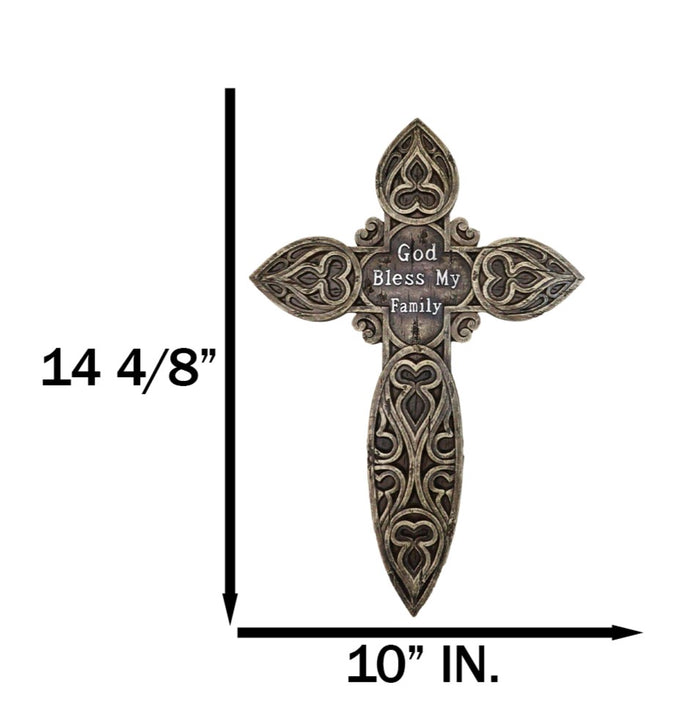 Ebros Gift Rustic Western God Bless My Family Faux Wooden Tooled Scrollwork Wall Cross
