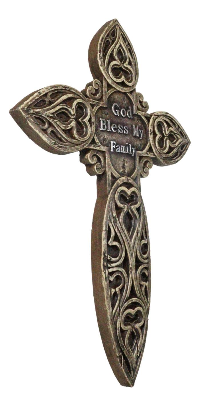 Ebros Gift Rustic Western God Bless My Family Faux Wooden Tooled Scrollwork Wall Cross