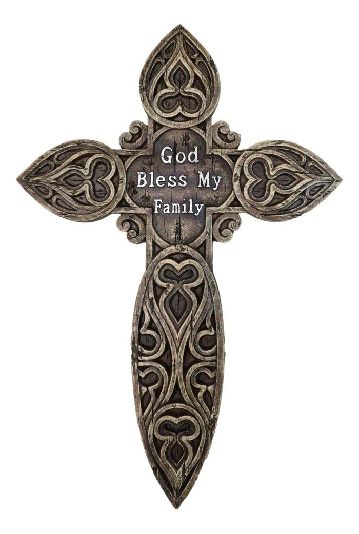 ebros gift Rustic Western God Bless My Family Faux Wooden Tooled Scrollwork Wall Cross
