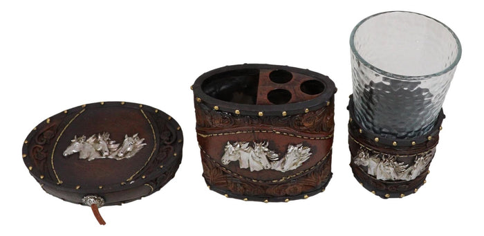 Ebros Gift Rustic Western Horses With Faux Floral Tooled Leather 3 Pc Bathroom Vanity Set