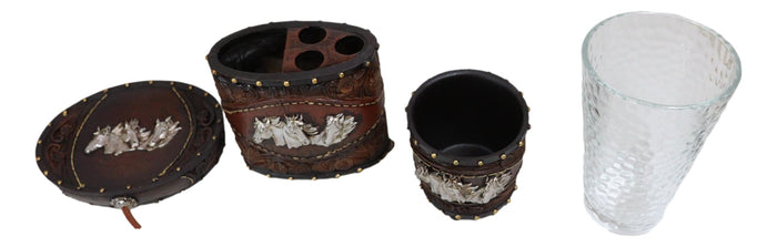 Ebros Gift Rustic Western Horses With Faux Floral Tooled Leather 3 Pc Bathroom Vanity Set