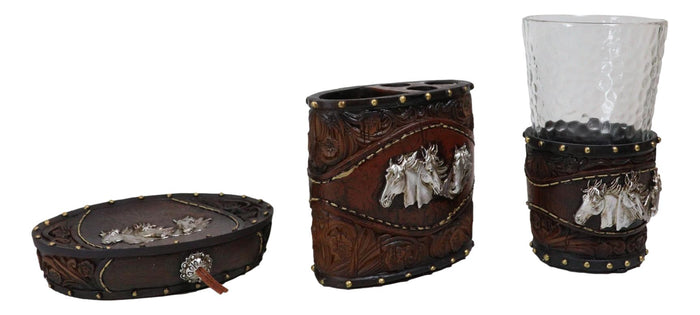 Ebros Gift Rustic Western Horses With Faux Floral Tooled Leather 3 Pc Bathroom Vanity Set