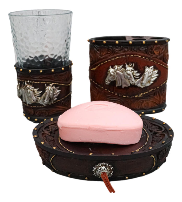 ebros gift Rustic Western Horses with Faux Floral Tooled Leather 3 Pc Bathroom Vanity Set