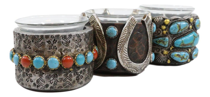 Ebros Gift Rustic Western Horseshoe Turquoise Pebble Rocks 3 Votive Candles Holder Accent