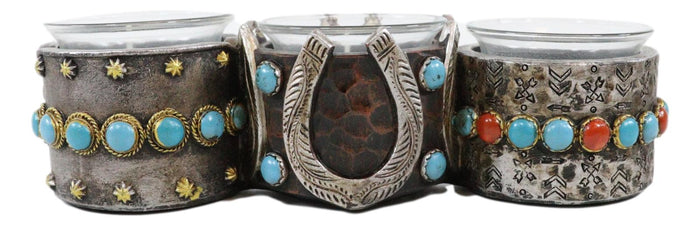 Ebros Gift Rustic Western Horseshoe Turquoise Pebble Rocks 3 Votive Candles Holder Accent