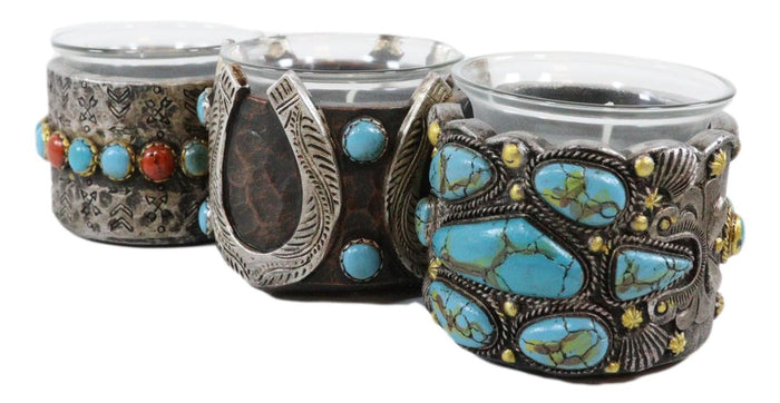 Ebros Gift Rustic Western Horseshoe Turquoise Pebble Rocks 3 Votive Candles Holder Accent