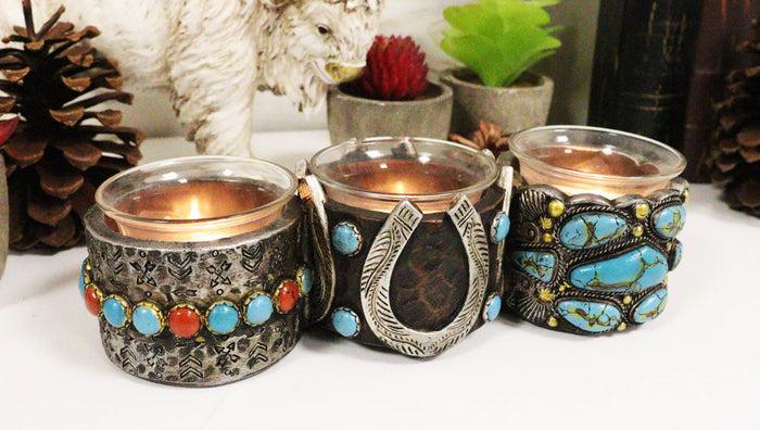 ebros gift Rustic Western Horseshoe Turquoise Pebble Rocks 3 Votive Candles Holder Accent
