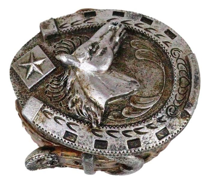 Ebros Gift Rustic Western Horseshoe With Horse Scrollwork Concho Buckle Jewelry Trinket Box