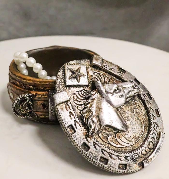 ebros gift Rustic Western Horseshoe With Horse Scrollwork Concho Buckle Jewelry Trinket Box