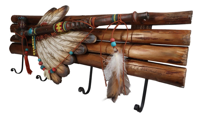 Ebros Gift Rustic Western Indian Chief Headdress Calumet Pipe Feathers 4-Peg Wall Hooks