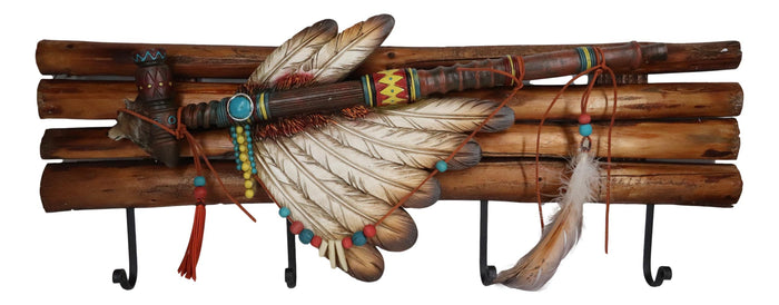 Ebros Gift Rustic Western Indian Chief Headdress Calumet Pipe Feathers 4-Peg Wall Hooks
