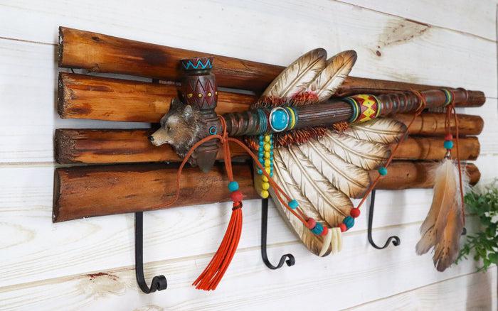 Ebros Gift Rustic Western Indian Chief Headdress Calumet Pipe Feathers 4-Peg Wall Hooks