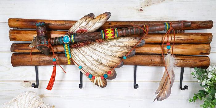 ebros gift Rustic Western Indian Chief Headdress Calumet Pipe Feathers 4-Peg Wall Hooks