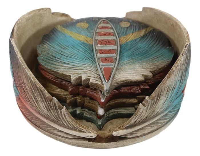 Ebros Gift Rustic Western Indian Turquoise Eagle Feather Coaster Holder W/ 4 Round Coasters
