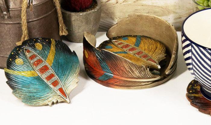 ebros gift Rustic Western Indian Turquoise Eagle Feather Coaster Holder W/ 4 Round Coasters
