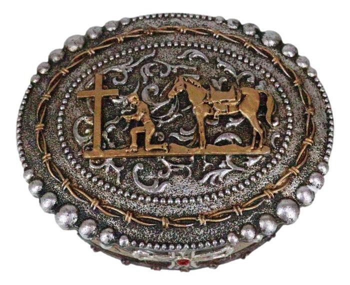 Ebros Gift Rustic Western Kneeling Cowboy With Horse By Cross In Prayer Jewelry Trinket Box