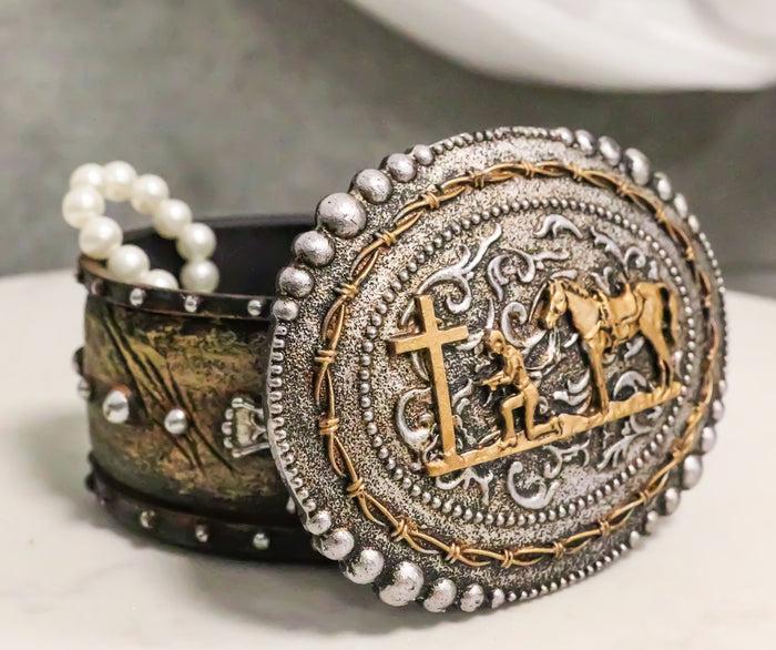 ebros gift Rustic Western Kneeling Cowboy With Horse By Cross In Prayer Jewelry Trinket Box